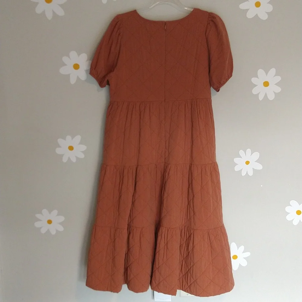 Madewell Quilted Aidy Square-Neck Puffed Sleeve Tiered Midi Dress Warm Umber - Picture 4 of 16